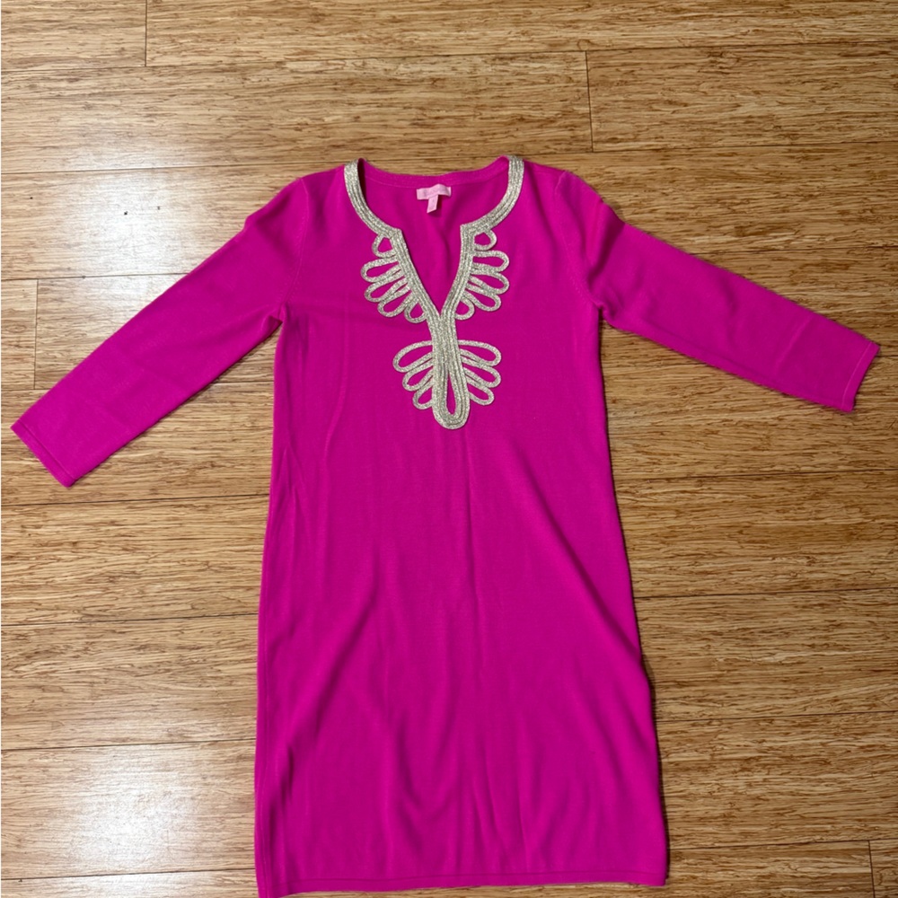 Lilly Pulitzer DEVLIN Merino Sweater Shift Dress Magenta Gold S